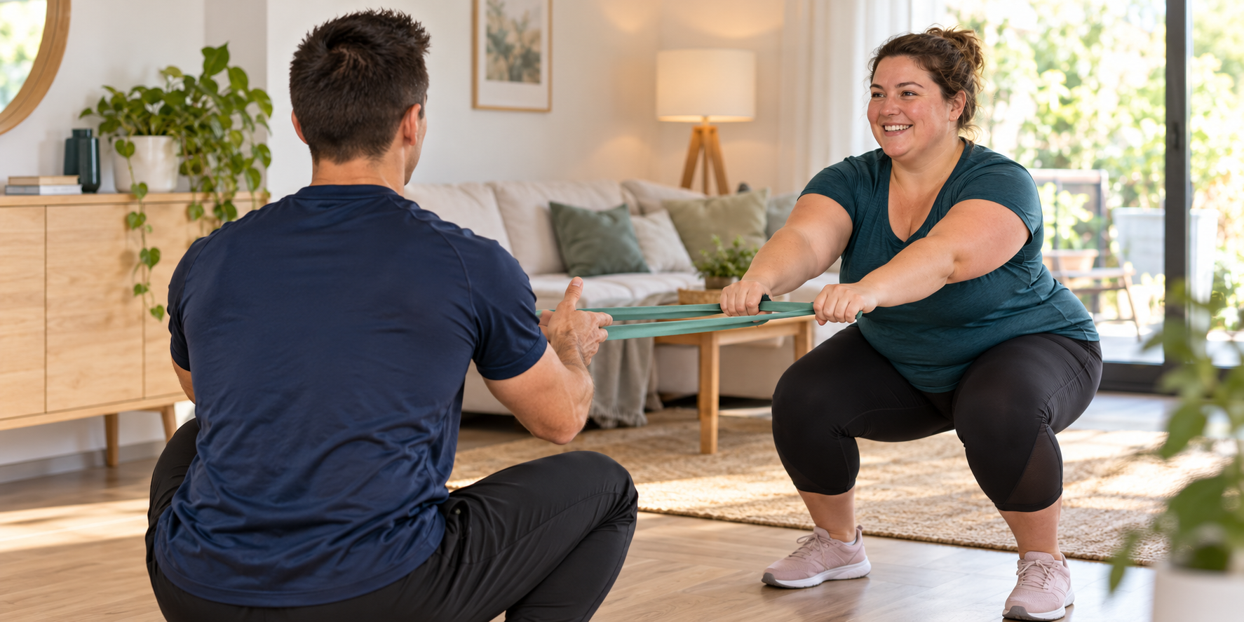Jonathan accompagne de dos une personne lors d'une séance de coaching sportif à domicile